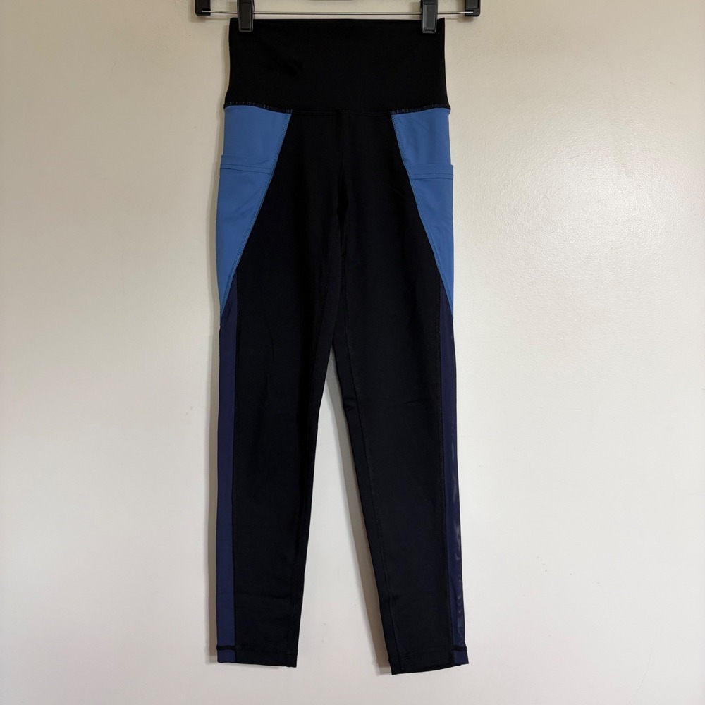 Aerie Chill Play Move High Waisted Colorblock Mesh Pocket Leggings Black Blue XS